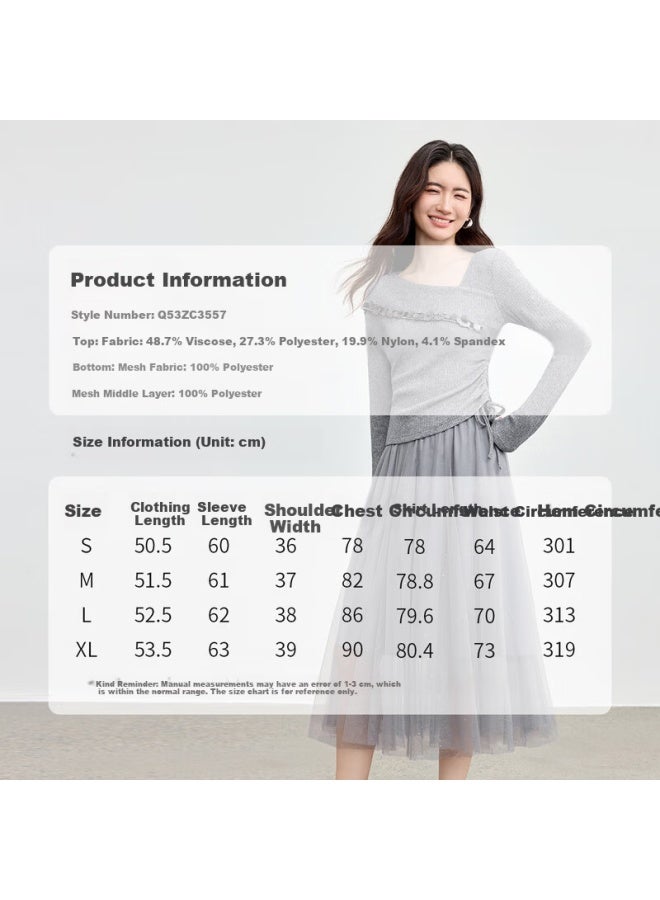 Sentubila Autumn Gentle Elegant Women's Set Pleated Slim Long Sleeve Knit Top With Silver Foil Mesh Skirt Two-piece Set - Image 3