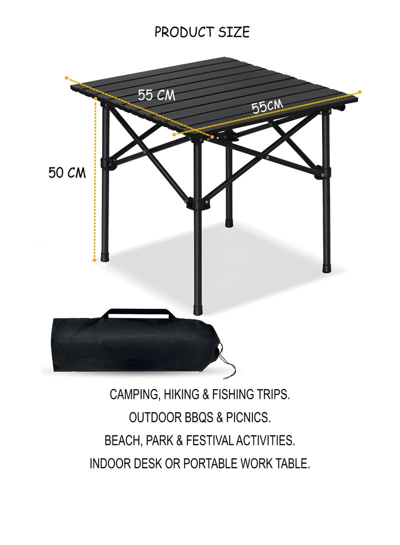 DBLEW Outdoor Camping Folding Table 55×55×50 cm – Aluminum Alloy Waterproof, Heat & Stain Resistant Roll-Up Tabletop with Metallic Finish, X-Frame Reinforcement, Quick Assembly, Carry Bag Included – Portable Picnic, BBQ, Hiking, Fishing & Indoor Desk Use - Image 3