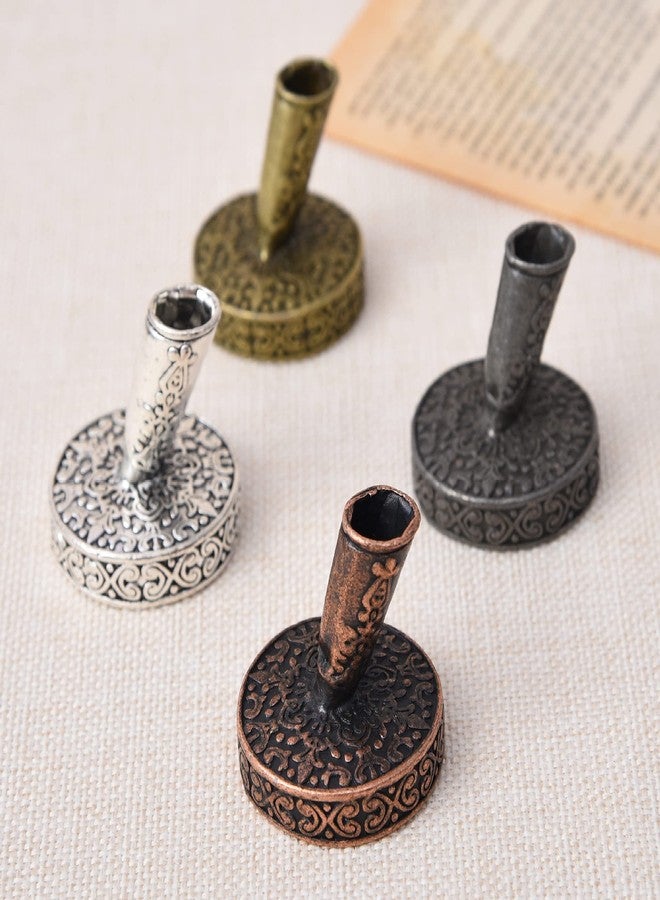 TXIN 4 Pieces Vintage Round Metal Feather Pen Holder, Retro Feather Quill Dip Pen Stand Base, Antique Pen Insertion Plug for Office Supplies Student Stationery Gift - Image 1