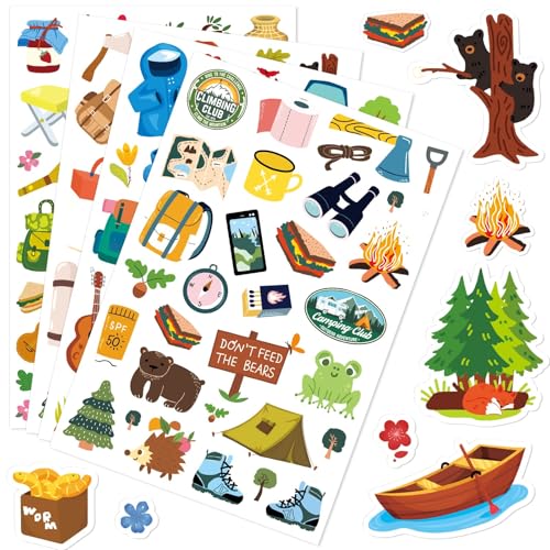 Omlisca 512 Pcs Travel Camping Stickers in 16 Sheets Outdoor Adventure Themed Self Adhesive Decals for Birthday Invitations Envelopes Decorations Party Goodie Gifts Bag Decor Game Class Rewards - Image 1