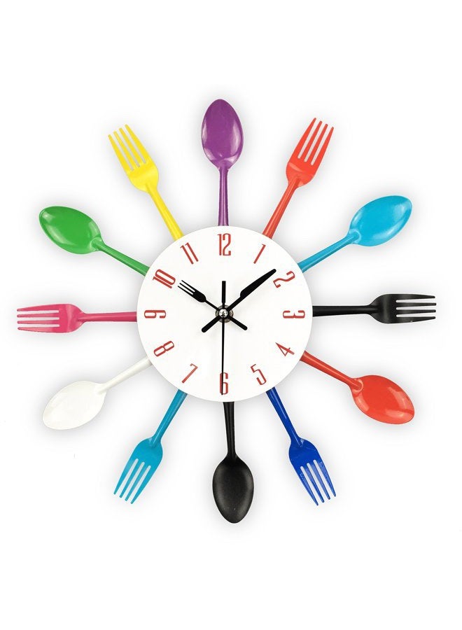 Timelike Kitchen Wall Clock, 3D Removable Modern Creative Cutlery Kitchen Spoon Fork Wall Clock Mirror Wall Decal Wall Sticker Room Home Decoration (Colorful) - Image 1