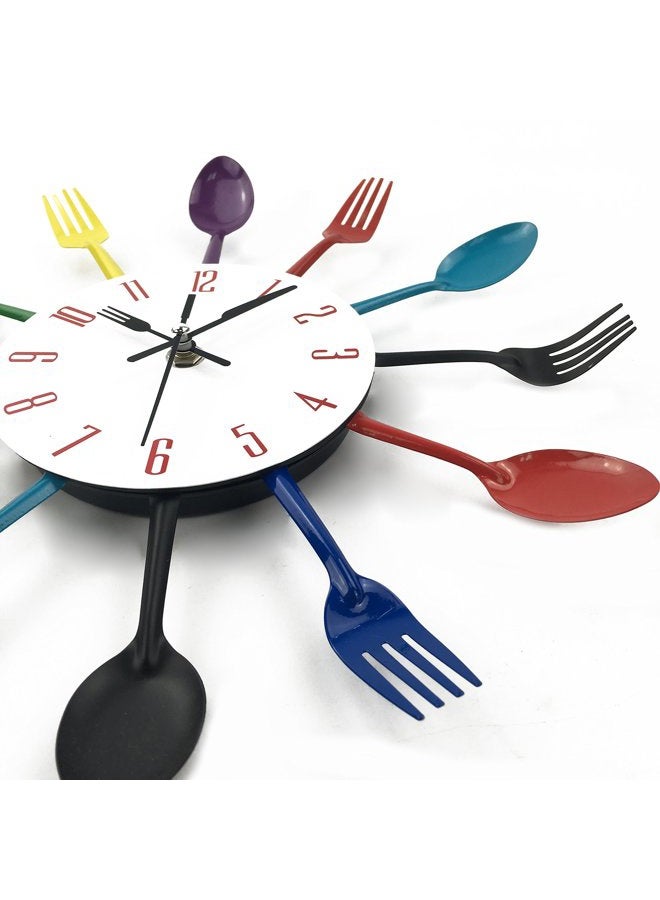 Timelike Kitchen Wall Clock, 3D Removable Modern Creative Cutlery Kitchen Spoon Fork Wall Clock Mirror Wall Decal Wall Sticker Room Home Decoration (Colorful) - Image 3