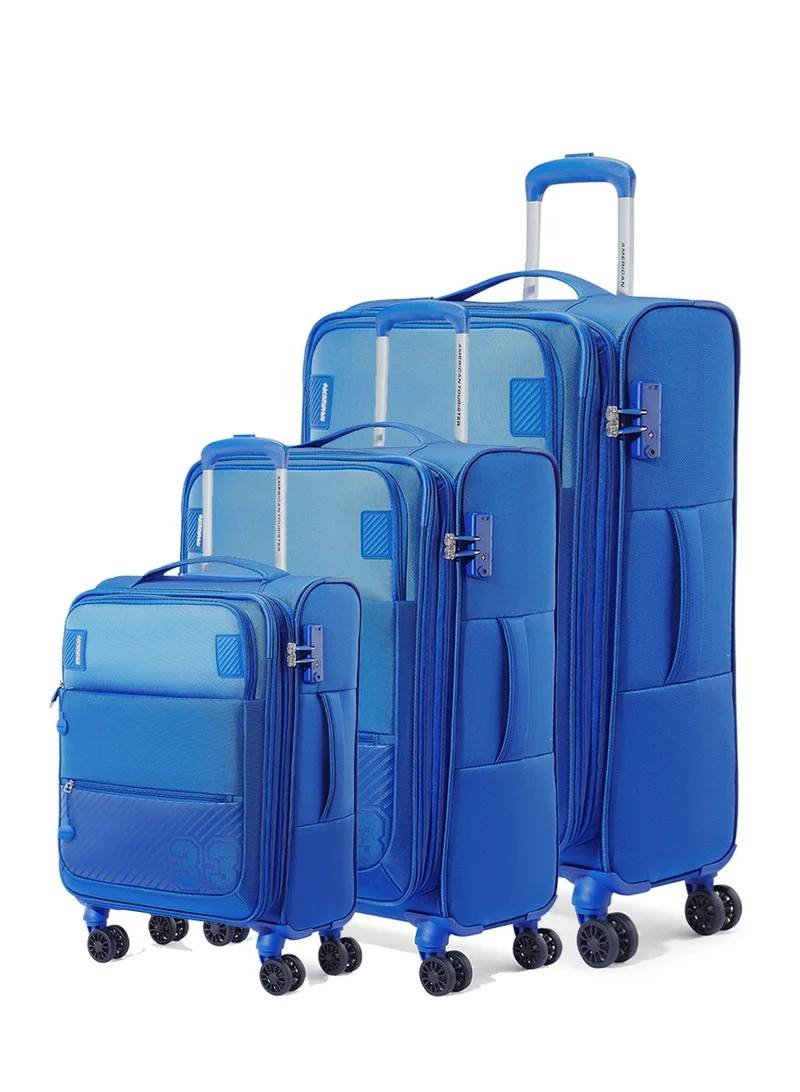 AMERICAN TOURISTER American Tourister Majoris + Suitcase, Set of 3, Cabin, Medium & Large (59 + 70 + 83 cm), 4 Spinner Wheels, Soft Top, 100% Polyester, Blue|Corner Guards|Multi Front Pocket|TSA Combination Lock|Expandable|Retractable Aluminum Handle - 3 Years Global Warranty