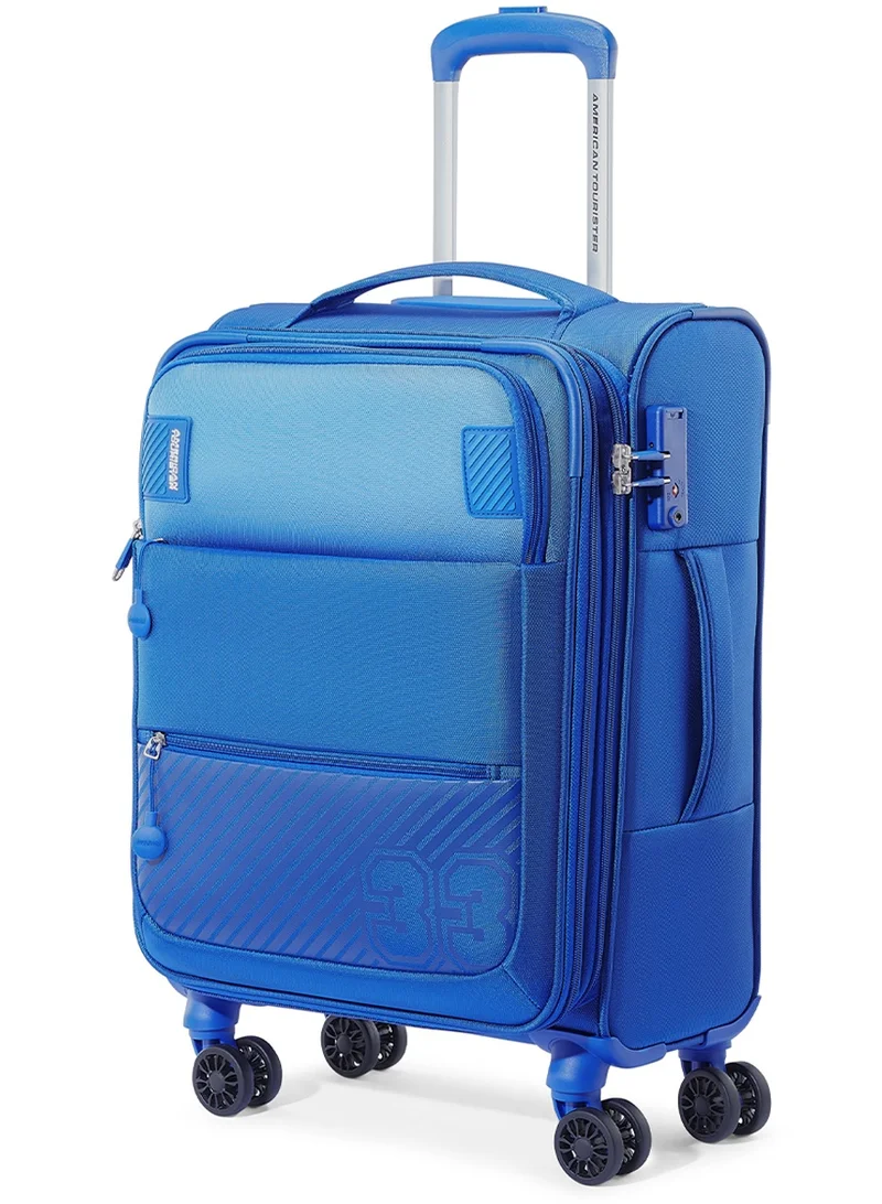 AMERICAN TOURISTER American Tourister Majoris + Suitcase, Set of 3, Cabin, Medium & Large (59 + 70 + 83 cm), 4 Spinner Wheels, Soft Top, 100% Polyester, Blue|Corner Guards|Multi Front Pocket|TSA Combination Lock|Expandable|Retractable Aluminum Handle - 3 Years Global Warranty