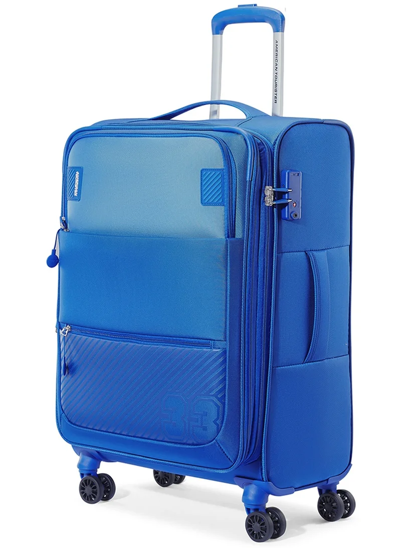 American Tourister  American Tourister Majoris + Suitcase, Set of 3, Cabin, Medium & Large (59 + 70 + 83 cm), 4 Spinner Wheels, Soft Top, 100% Polyester, Blue|Corner Guards|Multi Front Pocket|TSA Combination Lock|Expandable|Retractable Aluminum Handle - 3 Years Global Warranty  | Best Price UAE