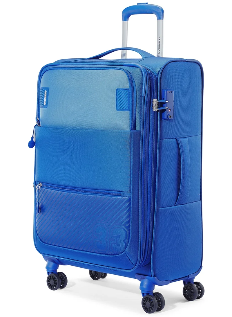 American Tourister  American Tourister Majoris + Suitcase, Set of 3, Cabin, Medium & Large (59 + 70 + 83 cm), 4 Spinner Wheels, Soft Top, 100% Polyester, Blue|Corner Guards|Multi Front Pocket|TSA Combination Lock|Expandable|Retractable Aluminum Handle - 3 Years Global Warranty  | Best Price UAE