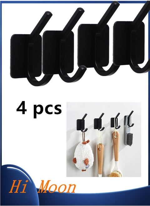 Adhesive Hooks, Heavy Duty Wall Hooks Waterproof Aluminum Hooks，Be available for Hanging Coat,Hat,Towel,Robe,Key,Clothes,Closet Hook Wall Mount for Home, Kitchen, Bathroom，Office (4, Black)