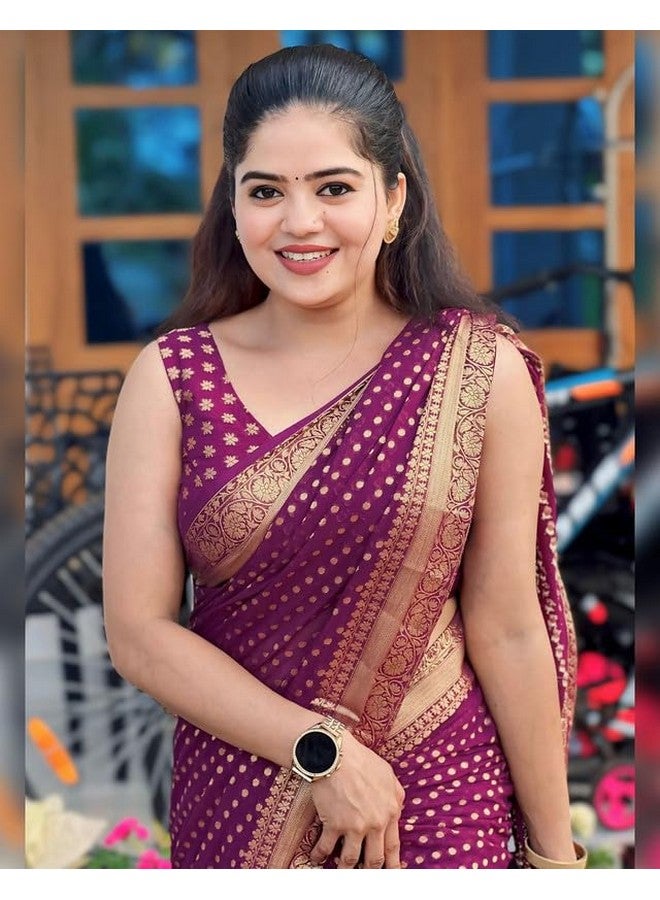 SIRIL ساري سيريلي للنساء من حرير باناراسي ناعم حرير نقي مع قطعة بلوزة غير مخيطة (4181S120_أرجواني داكن) - Image 5