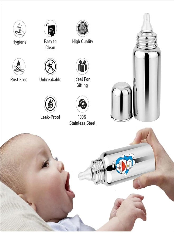 Miracle Moms Stainless Steel Feeding Bottle 304 Grade Steel with Anti Colic Silicone Nipples - 250 ml (Silver) /Ideal for Newborns and Toddlers (Pack of 1) Doraemon Theme - Image 5