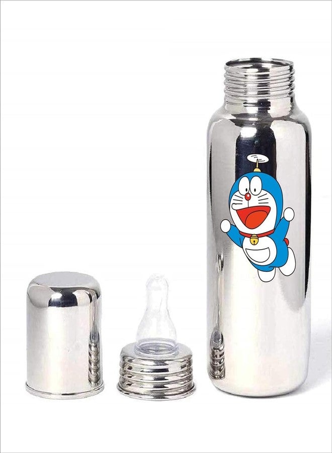 Miracle Moms Stainless Steel Feeding Bottle 304 Grade Steel with Anti Colic Silicone Nipples - 250 ml (Silver) /Ideal for Newborns and Toddlers (Pack of 1) Doraemon Theme - Image 2
