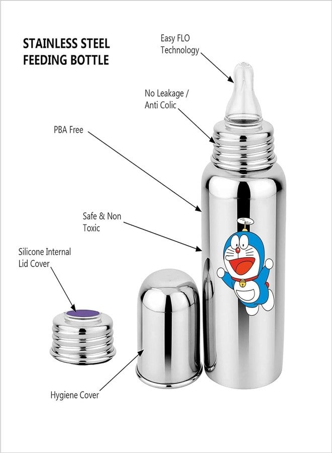 Miracle Moms Stainless Steel Feeding Bottle 304 Grade Steel with Anti Colic Silicone Nipples - 250 ml (Silver) /Ideal for Newborns and Toddlers (Pack of 1) Doraemon Theme - Image 3