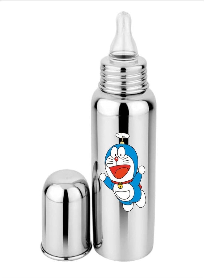 Miracle Moms Stainless Steel Feeding Bottle 304 Grade Steel with Anti Colic Silicone Nipples - 250 ml (Silver) /Ideal for Newborns and Toddlers (Pack of 1) Doraemon Theme - Image 1