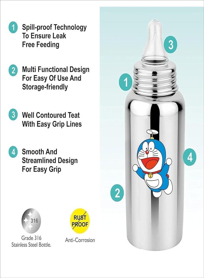 Miracle Moms Stainless Steel Feeding Bottle 304 Grade Steel with Anti Colic Silicone Nipples - 250 ml (Silver) /Ideal for Newborns and Toddlers (Pack of 1) Doraemon Theme - Image 4
