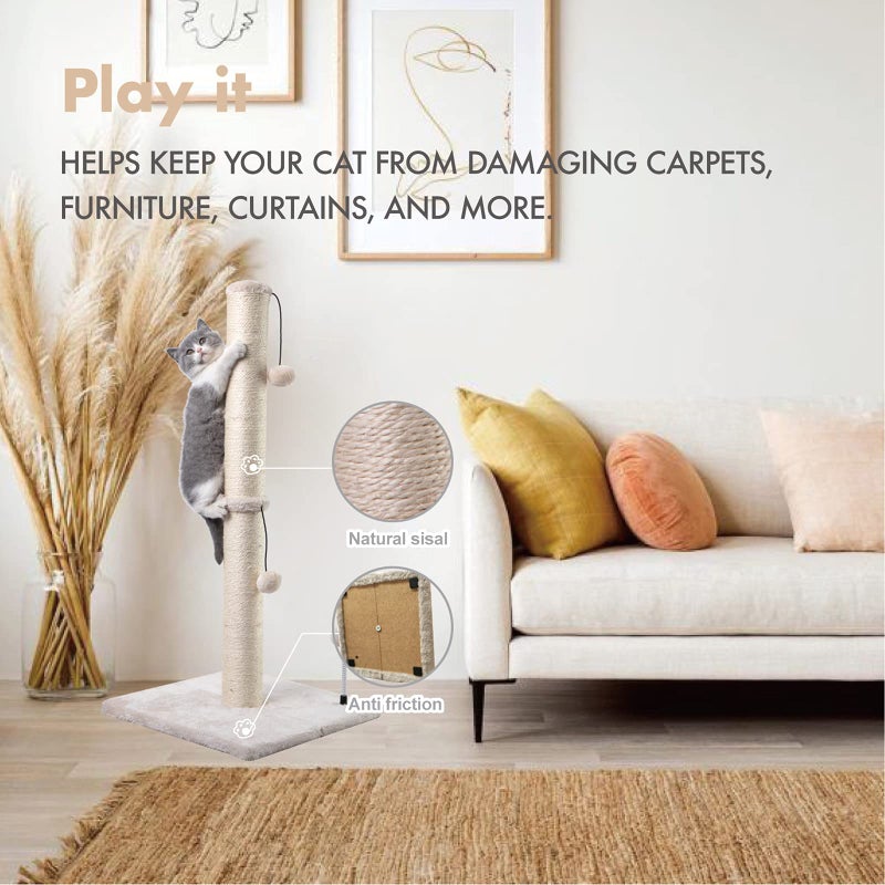 MECOOL 34â€ Tall Cat Scratching Post Premium Basics Kitten Scratcher Sisal Scratch Posts Trees with Hanging Ball for Indoor Cats, Beige - Image 3