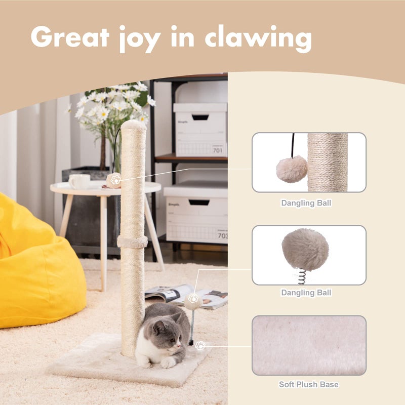 MECOOL 34â€ Tall Cat Scratching Post Premium Basics Kitten Scratcher Sisal Scratch Posts Trees with Hanging Ball for Indoor Cats, Beige - Image 2