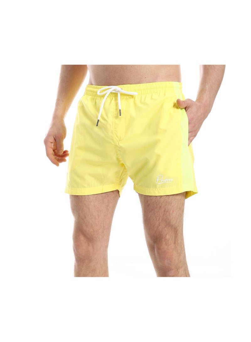 Pavone Elastic Waist Slash Pockets Plain Swim Shorts - Yellow - Image 4