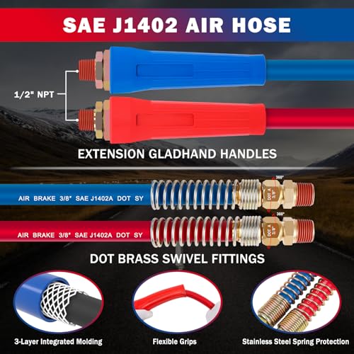 CheeMuii 15 FT Semi Truck Air Lines Kit with 16" Double Tender Spring Kit 3-in-1 Red & Blue Air Hoses ABS Electric Power Line Kit for Semi Truck Trailer Tractor - Image 3