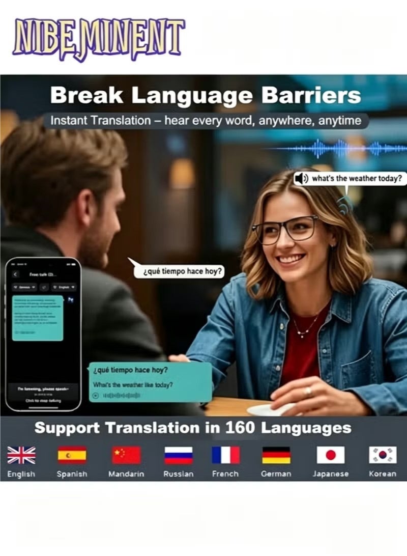 NIBEMINENT AI Smart Glasses, Supports 160 Languages Real-Time Translation, Chat GPT System, New Multifunctional Audio Glasses for Men and Women with Built-in Microphone and Speaker, High Definition Voice Calls and HIFI Music Quality, Music Playback and Hands-Free Calls, Physical Color Changing Lenses, High-Quality, Suitable for Comfortable Cycling, Safe Driving, Fun Fishing, Casual Travel, and Everyday Office Wear, Holiday Gift - Image 3