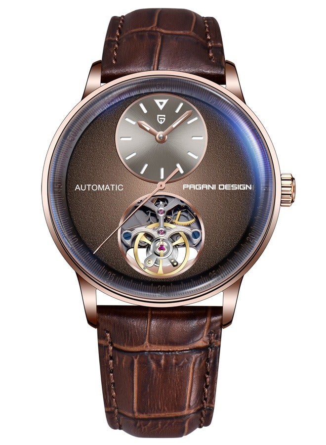 باغاني ديزاين ساعات رجالية ميكانيكية أوتوماتيكية ، إطار معدني 42 مللي متر ، قرص بني ذهبي وردي مع حزام من جلد البولي يوريثان عالي الجودة ، موضة وأعمال بي دي 1796 - Image 1
