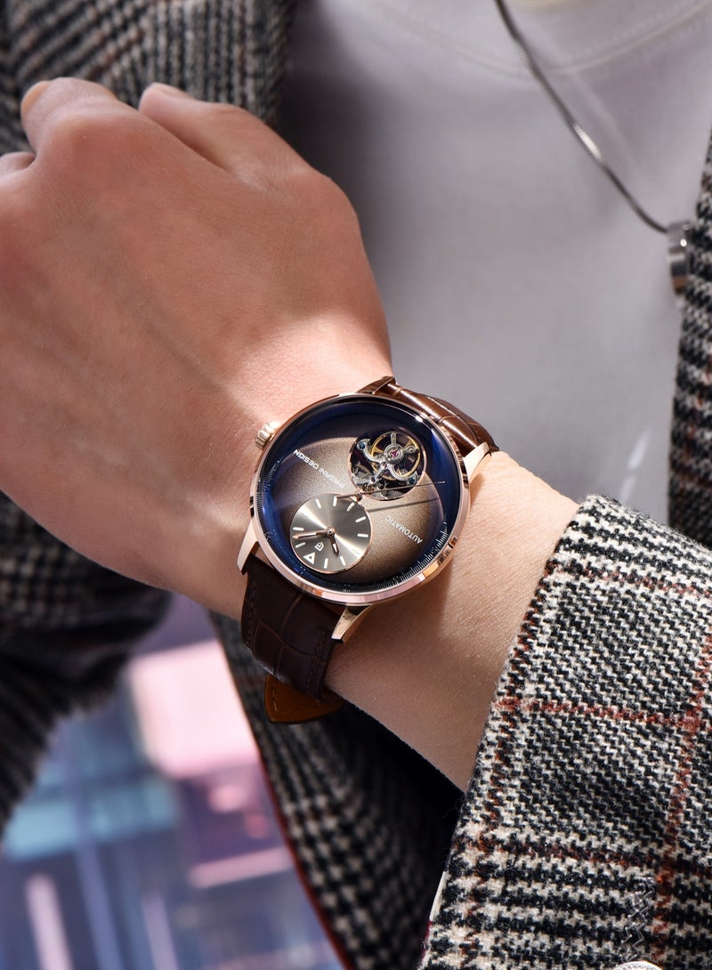 باغاني ديزاين ساعات رجالية ميكانيكية أوتوماتيكية ، إطار معدني 42 مللي متر ، قرص بني ذهبي وردي مع حزام من جلد البولي يوريثان عالي الجودة ، موضة وأعمال بي دي 1796 - Image 3