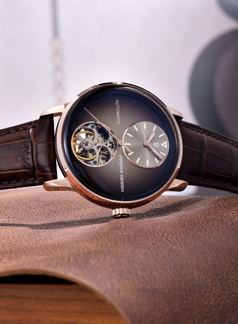 باغاني ديزاين ساعات رجالية ميكانيكية أوتوماتيكية ، إطار معدني 42 مللي متر ، قرص بني ذهبي وردي مع حزام من جلد البولي يوريثان عالي الجودة ، موضة وأعمال بي دي 1796 - Image 4