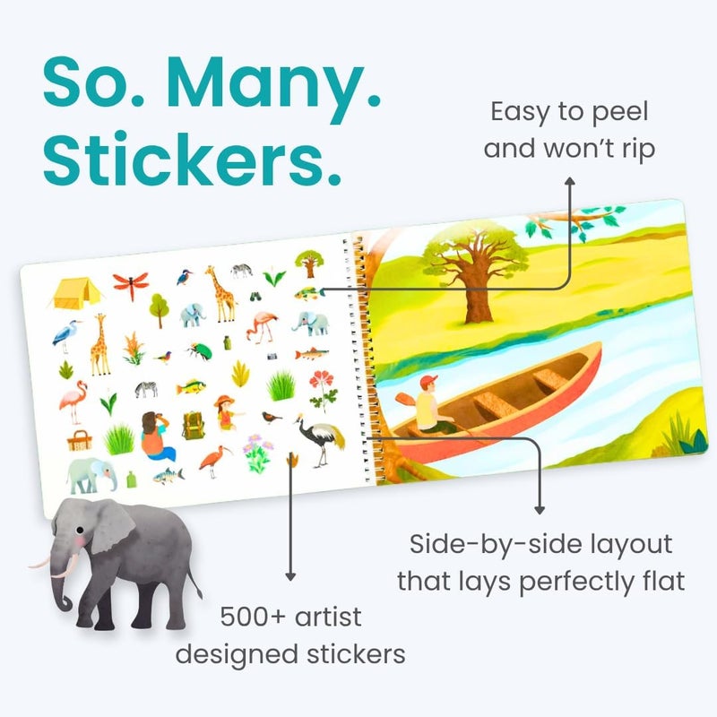 CUPKIN Safari Animal Sticker Book Activity for Kids, Toddler Airplane Travel Essentials, 500+ Stickers for Kids + 12 Scenes + 12 Coloring Book Pages, Animal Lover Children's Gift, Crafts Ages 2-8 - Image 2