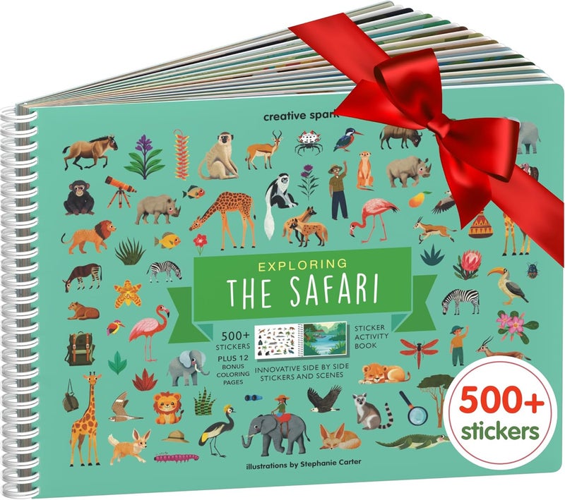 CUPKIN Safari Animal Sticker Book Activity for Kids, Toddler Airplane Travel Essentials, 500+ Stickers for Kids + 12 Scenes + 12 Coloring Book Pages, Animal Lover Children's Gift, Crafts Ages 2-8 - Image 1