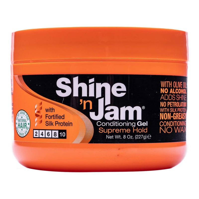 Shine 'n Jam AMPRO ShinenJam Supreme Hold  Conditions Hair with Olive Oil and Silk Protein  Great for Smoothing Fringe Ponytails and Updos  Firms Tresses with NonGreasy Shine  8 oz 