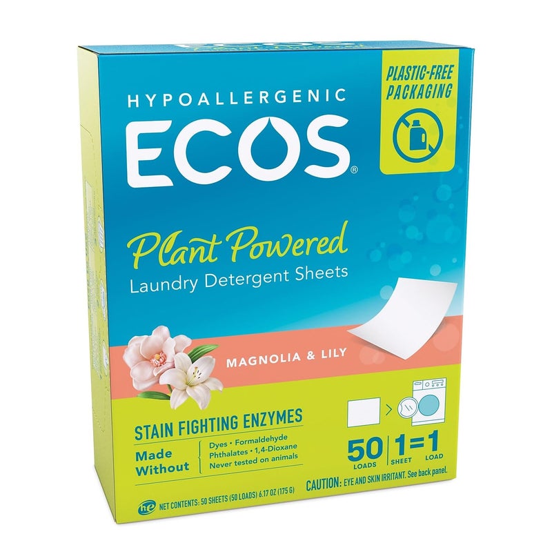 ECOS Laundry Detergent Sheets Vegan, No Plastic Jug, No Mess & Liquid Free - Laundry Sheets in Washer - Hypoallergenic, Plant Powered Laundry Detergent Sheets - Magnolia & Lily - 50 Sheets (Pack of 1) - Image 1