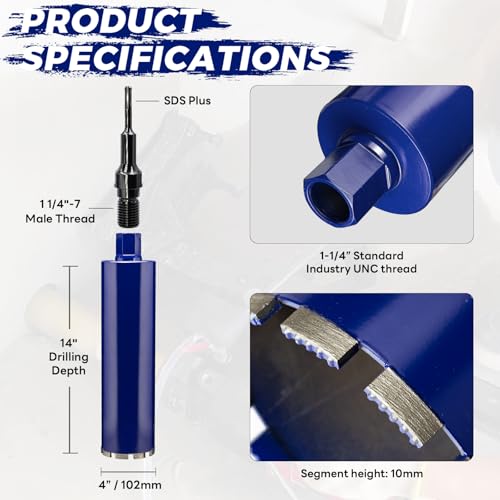 DaduoRi 4" Concrete Core Drill Bit with SDS Plus Adapter (1-1/4"-7 Thread) - 14" Cutting Depth & Upgraded Welded Teeth Core Bits for Concrete with Rebar, Brick, Masonry,Stucco,Mortar,Wet Coring - Image 2