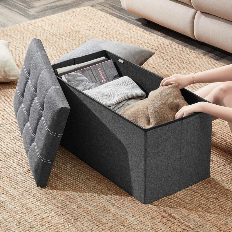 AAGNA 30 Inches Storage Ottoman Bench Foldable Footrest Shoe Bench with Storage Space End of Bed Storage Seat Toys Storage Organizer Bin Box with Lidded Linen Fabric 76X38X38 CM Grey - Image 4
