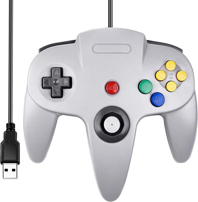 SAFFUN كلاسيكي N64 وحدة تحكم، iNNEXT N64 سلكية USB لوحة لعبة الكمبيوتر الشخصي جويستيك، N64 بت USB سلكية لعبة عصا وحدة تحكم الفرح لوحة ويندوز الكمبيوتر الشخصي ماك لينكس Raspberry Pi 3 سيغا جينيسيس هيجان (رمادي) - Image 1