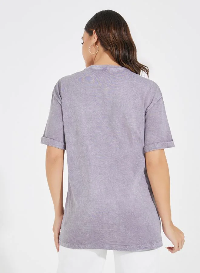 Styli Faded Wash Beauty Slogan T-Shirt with Turn-Up Sleeves