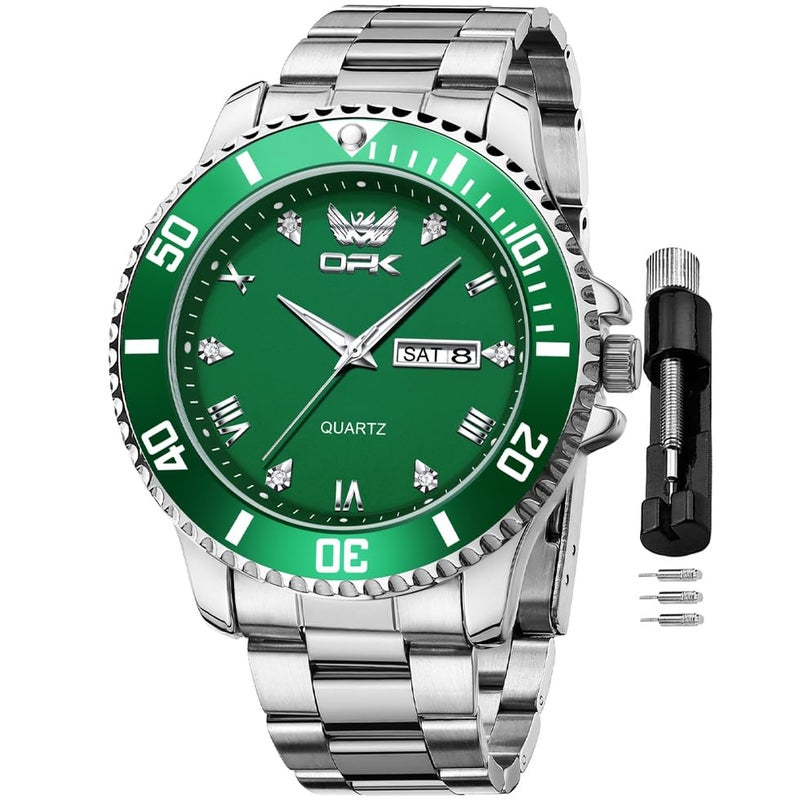OPK Mens Watch Silver Green Simple Fashion Diamonds Stainless Steel Analog Large Dial Waterproof Date Casual WristWatches for Man - Image 1