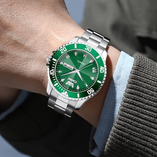 OPK Mens Watch Silver Green Simple Fashion Diamonds Stainless Steel Analog Large Dial Waterproof Date Casual WristWatches for Man - Image 4