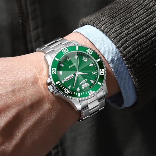 OPK Mens Watch Silver Green Simple Fashion Diamonds Stainless Steel Analog Large Dial Waterproof Date Casual WristWatches for Man - Image 3