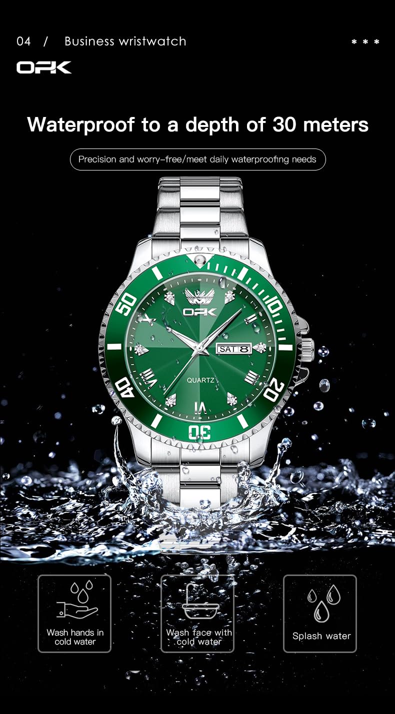 OPK Mens Watch Silver Green Simple Fashion Diamonds Stainless Steel Analog Large Dial Waterproof Date Casual WristWatches for Man - Image 5