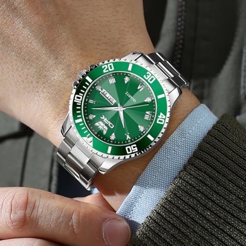 OPK Mens Watch Silver Green Simple Fashion Diamonds Stainless Steel Analog Large Dial Waterproof Date Casual WristWatches for Man - Image 2