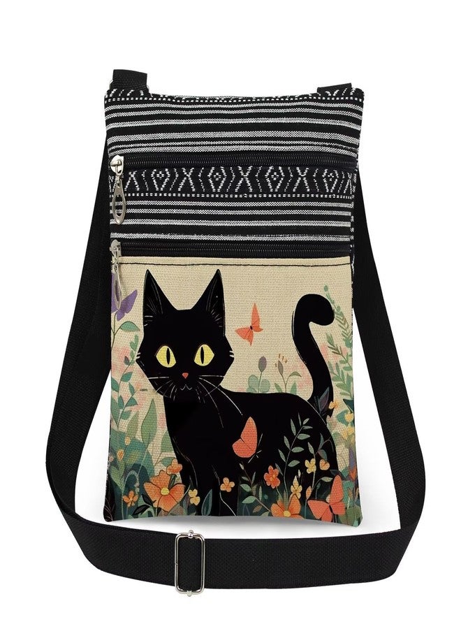 XiaoGalaee Cute Cat Print Crossbody Bag Black Feline with Butterflies Adjustable Shoulder Strap Messenger Bag Thoughtful Christmas Birthday Gift for Adult Nature-Loving Sister Travel Purse - Image 1