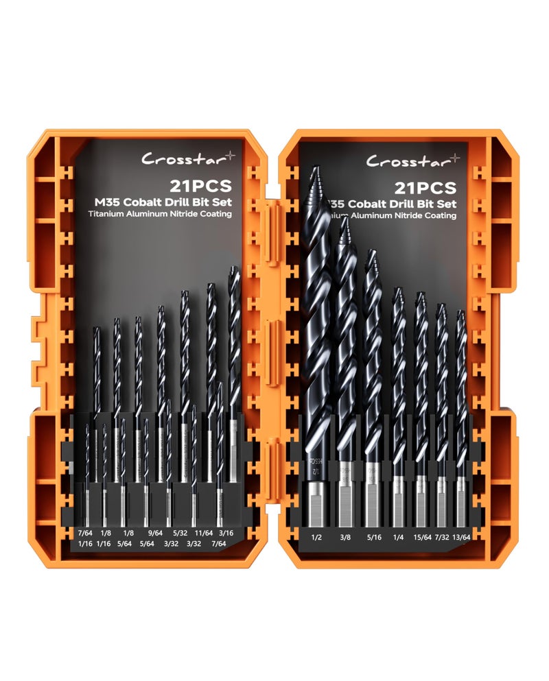 Crosstar Cobalt Stepped Point Drill Bit Set-21pcs 1/16"-1/2" TiAlN Coated Step Drill Head,M35 HSS Jobber Bits,No Pre-Drilling,3-Flat Shank,with Indexed Storage Case,Precise Drilling,for Hardened Steel - Image 1
