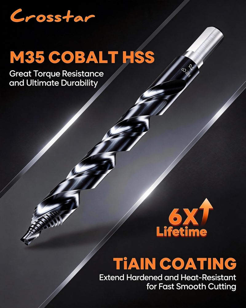 Crosstar Cobalt Stepped Point Drill Bit Set-21pcs 1/16"-1/2" TiAlN Coated Step Drill Head,M35 HSS Jobber Bits,No Pre-Drilling,3-Flat Shank,with Indexed Storage Case,Precise Drilling,for Hardened Steel - Image 3