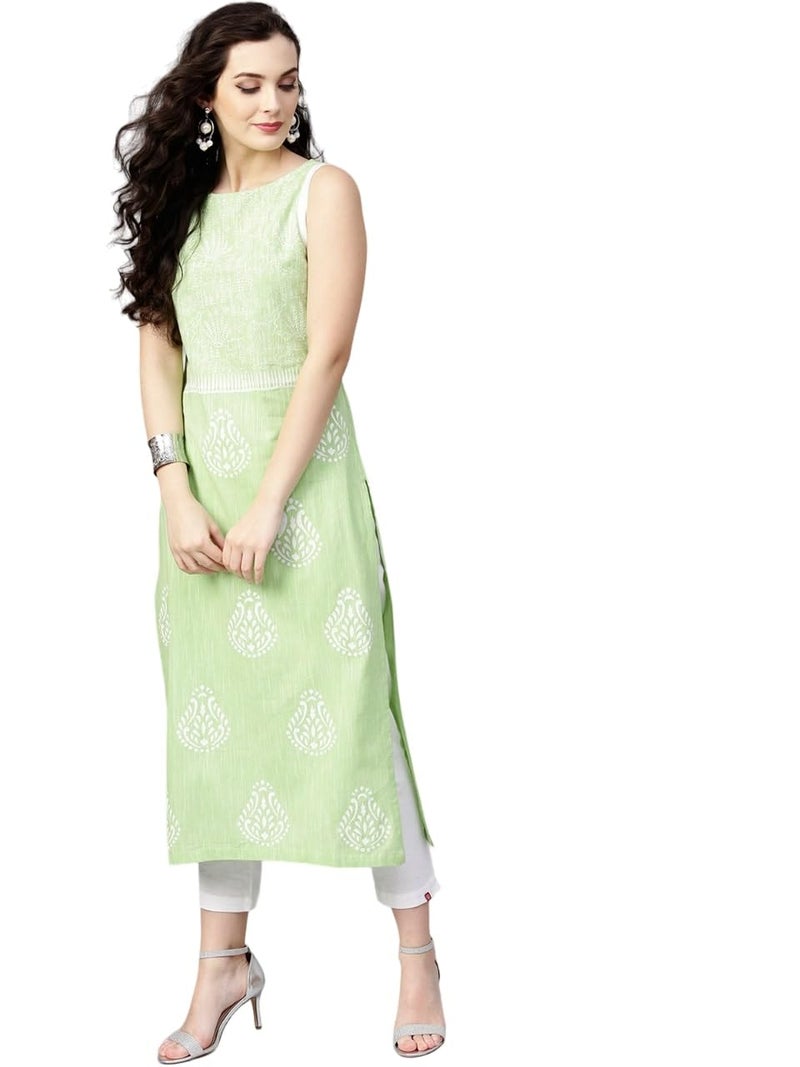 Pannkh Women's Sleeveless Cotton Chambray Kurta Lightweight Ethnic Printed Kurti for Summer Breathable Fabric & Straight Cut for All-Day Comfort - Image 1