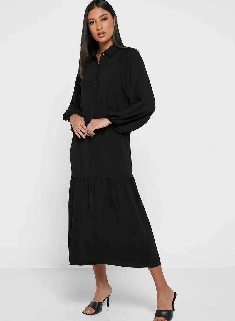 Wallis Balloon Sleeve Ruffle Hem Button Detail Dress