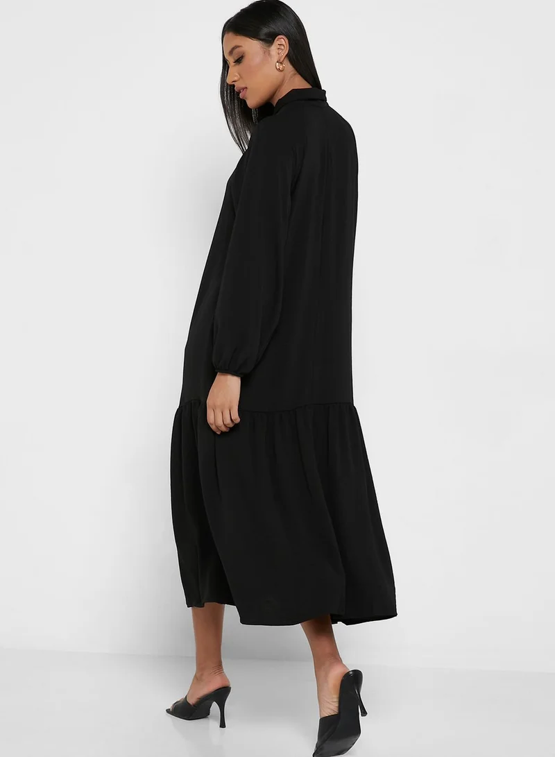Wallis Balloon Sleeve Ruffle Hem Button Detail Dress