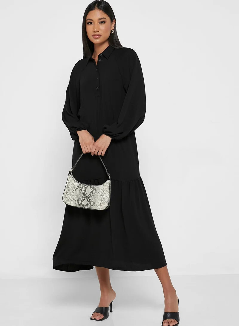 Wallis Balloon Sleeve Ruffle Hem Button Detail Dress