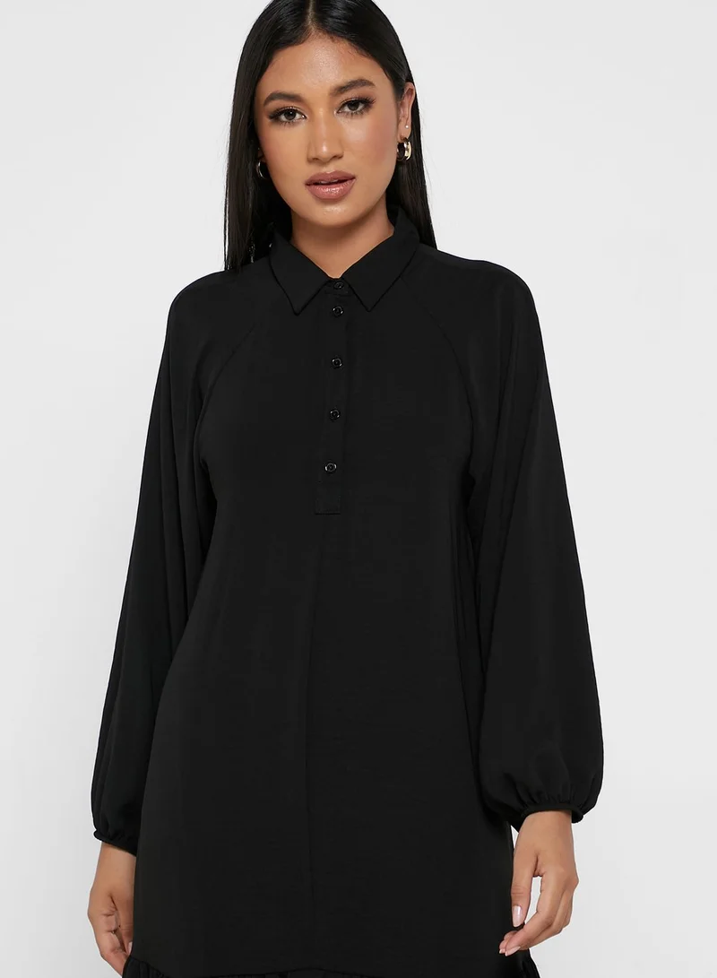 Wallis Balloon Sleeve Ruffle Hem Button Detail Dress