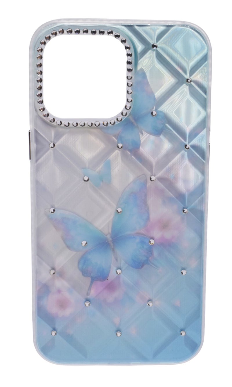TPU Butterflies Printed Back Cover Case with Rhinestone Camera Border For iPhone 14 Pro Max - Light Blue Transparent
