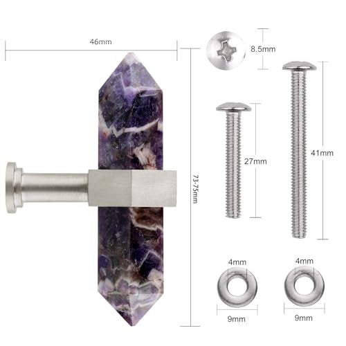 mookaitedecor Set of 2 Amethyst Double Crystal Points Drawer Knobs with Screws Decorative Stone Cabinet Handle Pulls for Dresser Cupboard Kitchen Decor Brushed Stainless Steel - Image 3