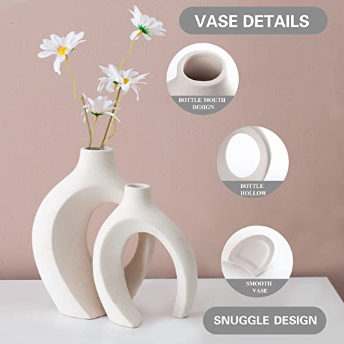 Liotww Ceramic Vases for Home Decor Set of 2, Off White Boho Small Flower Vase, Minimalist Decorative Modern Donut Vase for Living Dining Room Office Entryway Book Shelf Coffee Console Table Décor - Image 3