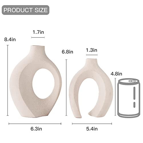 Liotww Ceramic Vases for Home Decor Set of 2, Off White Boho Small Flower Vase, Minimalist Decorative Modern Donut Vase for Living Dining Room Office Entryway Book Shelf Coffee Console Table Décor - Image 2
